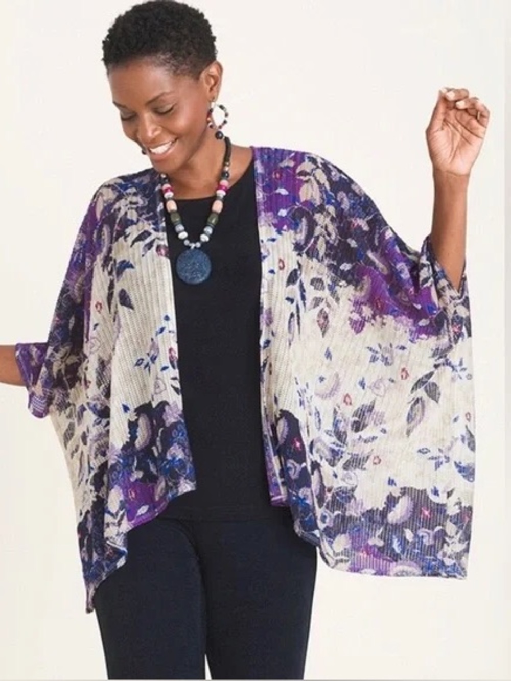 Chico’s Travelers Purple Floral Abstract Open Knit Kimono Duster Cardigan | S/M